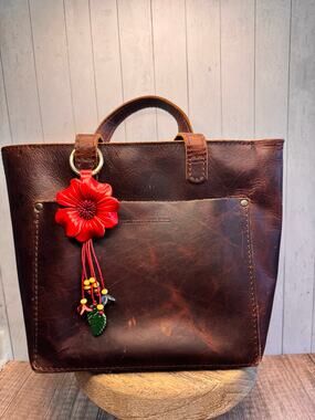 Red Flower Pansy Purse Charm Genuine Leather Flower Red Bag Charm NEW FAST SHIP